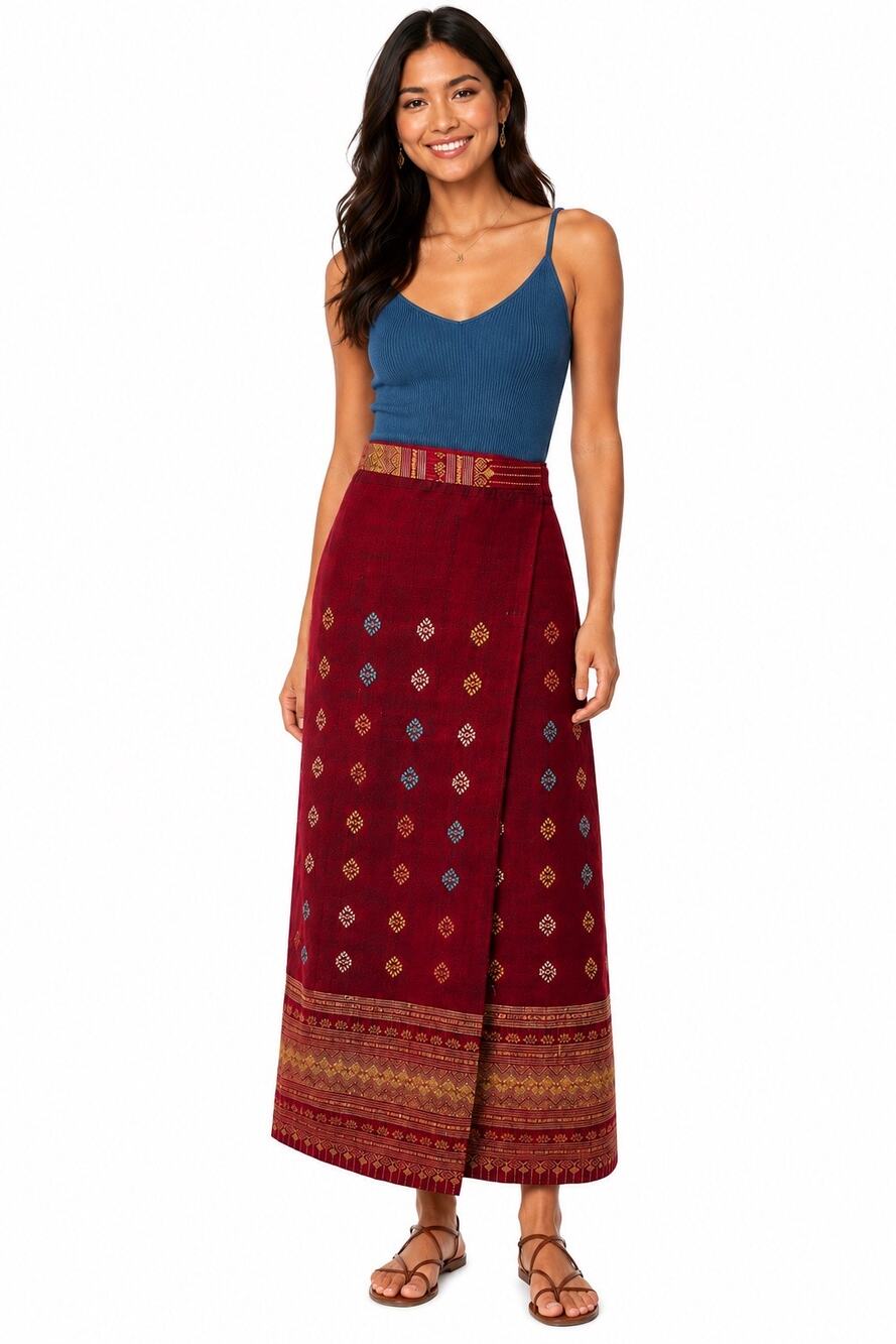 Handmade Burgundy, Gold & Blue Thai Woven Wrap Maxi Skirt